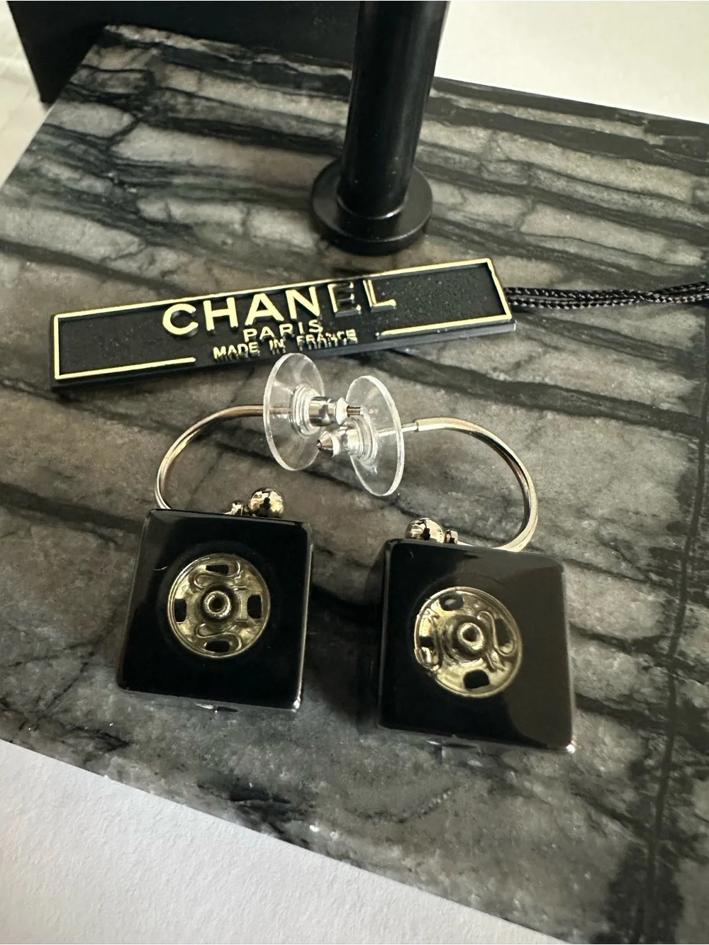 CHANEL 2003 03A Black Resin CC Cube Dice Hoop Drop Earrings